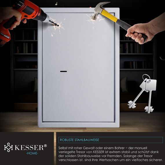 KESSER® Tresor Möbeltresor mit Doppelbartschloss, Safe Geldschrank Boden-Wandtresor Wandsafe 50x35x31cm ink. 2 x Schlüssel & Befestigungsschrauben, Silber