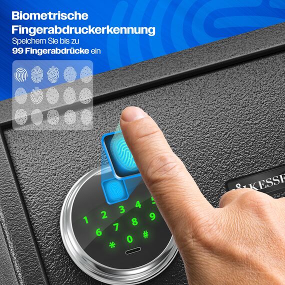 KESSER® Elektr. Tresor mit Fingerabdruck & Schlüssel S | Inkl. Notfallakku | Elektronischer Safe | 3x Doppelbolzenverriegelung | Boden Wandtresor | Möbeltresor | Panzerschrank Zahlenschloss Schwarz