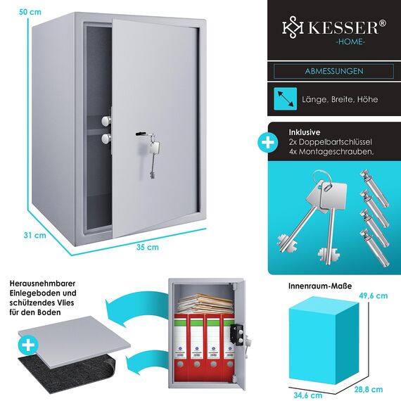 KESSER® Tresor Möbeltresor mit Doppelbartschloss, Safe Geldschrank Boden-Wandtresor Wandsafe 50x35x31cm ink. 2 x Schlüssel & Befestigungsschrauben, Silber