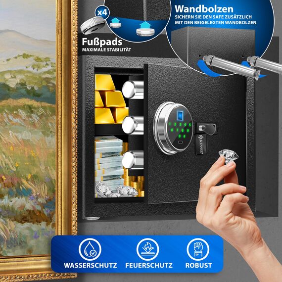 KESSER® Elektr. Tresor mit Fingerabdruck & Schlüssel S | Inkl. Notfallakku | Elektronischer Safe | 3x Doppelbolzenverriegelung | Boden Wandtresor | Möbeltresor | Panzerschrank Zahlenschloss Schwarz
