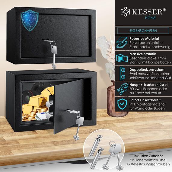 KESSER® Tresor Möbeltresor mit Doppelbartschloss, Safe Geldschrank Boden-Wandtresor Wandsafe 30x20x20cm ink. 2 x Schlüssel & Befestigungsschraube, Schwarz