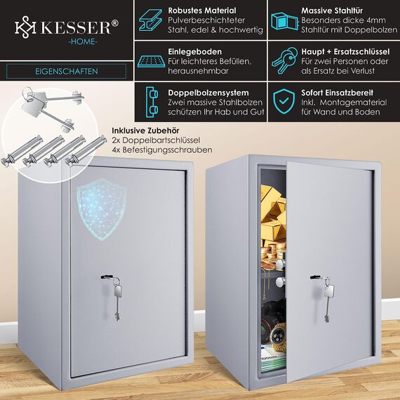 KESSER® Tresor Möbeltresor mit Doppelbartschloss, Safe Geldschrank Boden-Wandtresor Wandsafe 50x35x31cm ink. 2 x Schlüssel & Befestigungsschrauben, Silber