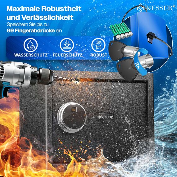 KESSER® Elektr. Tresor mit Fingerabdruck & Schlüssel S | Inkl. Notfallakku | Elektronischer Safe | 3x Doppelbolzenverriegelung | Boden Wandtresor | Möbeltresor | Panzerschrank Zahlenschloss Schwarz