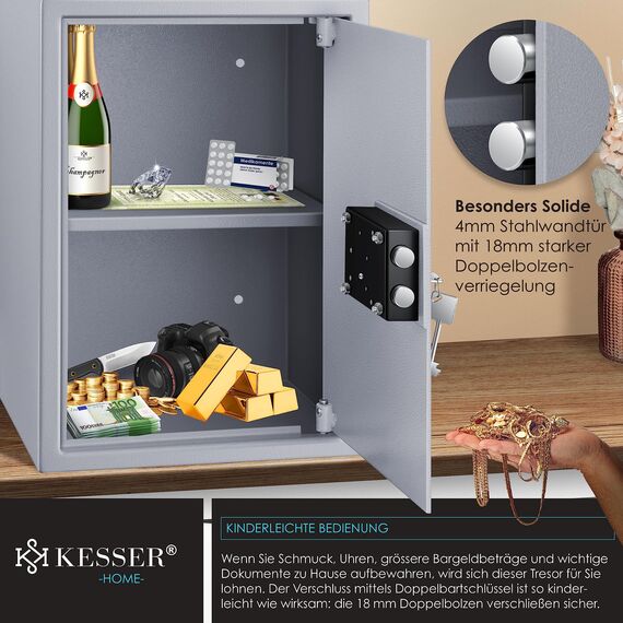 KESSER® Tresor Möbeltresor mit Doppelbartschloss, Safe Geldschrank Boden-Wandtresor Wandsafe 50x35x31cm ink. 2 x Schlüssel & Befestigungsschrauben, Silber