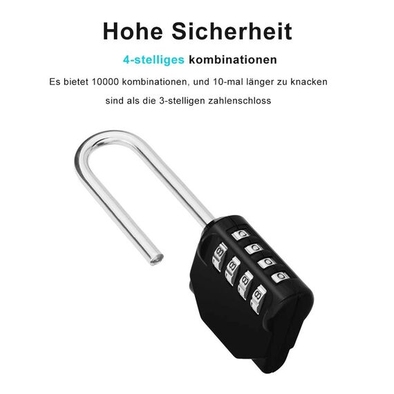 ZHEGE Vorhängeschloss Zahlenschloss mit Bügel Lang, 115 mm Gesamthöhe, 66,5 mm Bügelhöhe, Schloss Zahlencode 4 Stellig, Zahlen Vorhangschloss, Nummerschloss Vorhängeschloß für Gartenzäunen, Schwarz