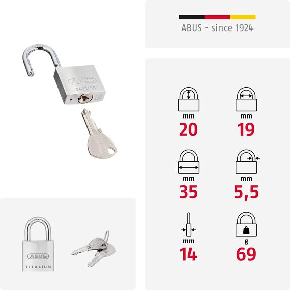 ABUS Vorhängeschloss Titalium 64TI/35 gl.-6355 - gleichschließend - Kellerschloss mit Schlosskörper aus Spezial-Aluminium - gehärteter Stahlbügel - ABUS-Sicherheitslevel 4