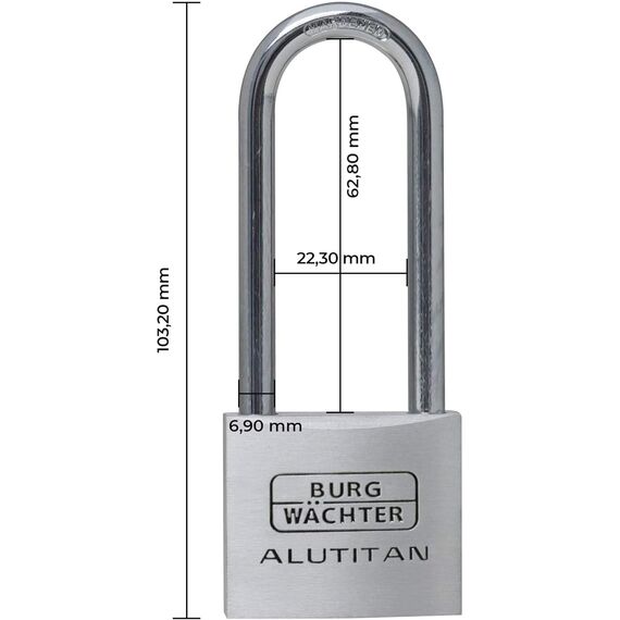 Burg-Wächter Vorhangschloss, Vorhängeschloss mit Schlüssel, 6,9 mm Bügelstärke, massives Aluminiumschloss, Innenwerk rostfrei, Gehärtet, Alutitan 770 HB 40 65 SB