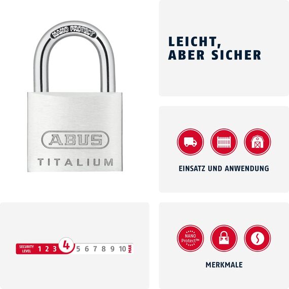 ABUS Vorhängeschloss Titalium 64TI/35 - Schlosskörper aus Spezial-Aluminium - gehärteter Stahlbügel - ABUS-Sicherheitslevel 4 - Silber, ABU64TI35, 35mm