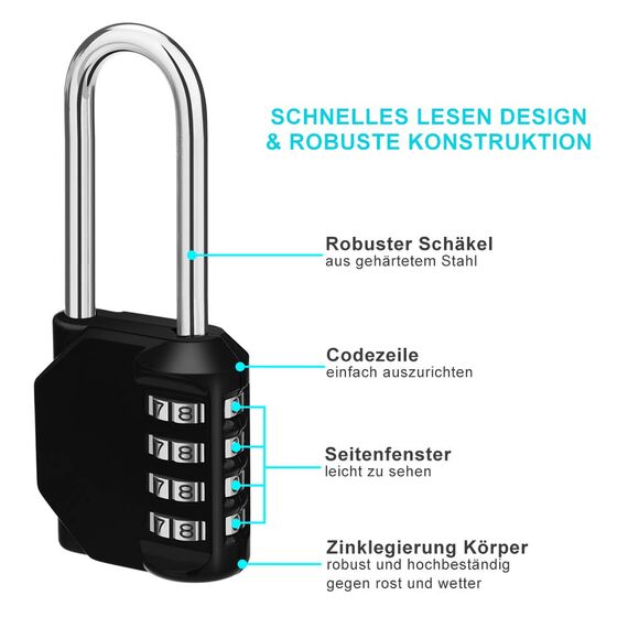 ZHEGE Vorhängeschloss Zahlenschloss mit Bügel Lang, 115 mm Gesamthöhe, 66,5 mm Bügelhöhe, Schloss Zahlencode 4 Stellig, Zahlen Vorhangschloss, Nummerschloss Vorhängeschloß für Gartenzäunen, Schwarz