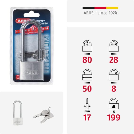ABUS Vorhängeschloss Titalium 64TI/50HB80 gl.-6511 - gleichschließend und mit hohem Bügel - Kellerschloss mit Schlosskörper aus Spezial-Aluminium - gehärteter Stahlbügel - ABUS-Sicherheitslevel 6