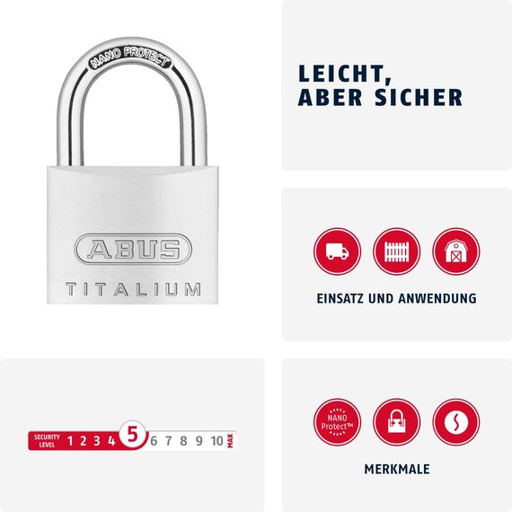 ABUS Vorhängeschloss Titalium 64TI/40 - 4er Set, gleichschließend - Kellerschloss mit Schlosskörper aus Spezial-Aluminium - gehärteter Stahlbügel - ABUS-Sicherheitslevel 5
