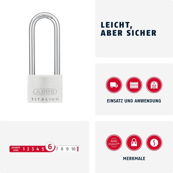 ABUS Vorhängeschloss Titalium 64TI/50HB80 mit hohem Bügel - Kellerschloss mit Schlosskörper aus Spezial-Aluminium - gehärteter Stahlbügel - ABUS-Sicherheitslevel 6