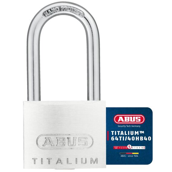 ABUS Vorhängeschloss Titalium 64TI/40HB40 gl.-6411 - gleichschließend und mit hohem Bügel - Kellerschloss mit Schlosskörper aus Spezial-Aluminium - ABUS-Sicherheitslevel 5