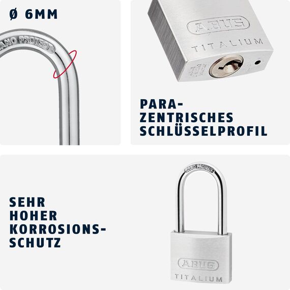 ABUS Vorhängeschloss Titalium 64TI/40HB40 gl.-6411 - gleichschließend und mit hohem Bügel - Kellerschloss mit Schlosskörper aus Spezial-Aluminium - ABUS-Sicherheitslevel 5