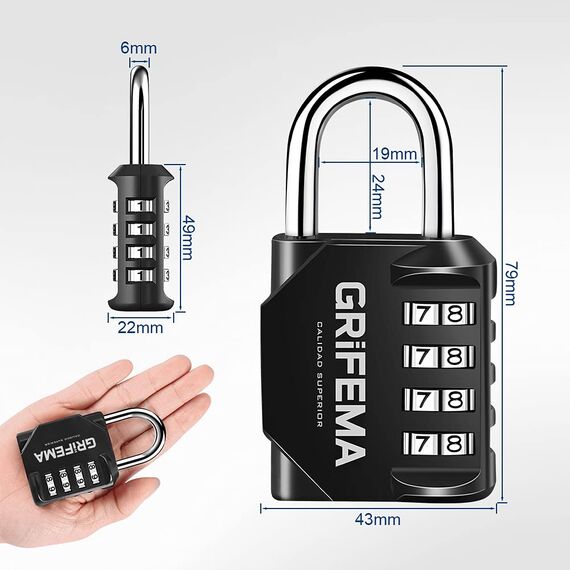 GRIFEMA Zahlenschloss 4 Stellig-Vorhängeschloss Wetterfest Frostsicher,Schloss mit Zahlencode Zinklegierung,Robust,Sicher, Schlösser für Spind, Schuppen, Schule, Fitnessstudio,1Pack, Black