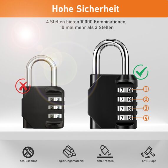 NAGE Schloss mit Zahlencode, Vorhängeschloss mit Zahlencode 4 Stellig, Spindschloss mit Zahlencode für Fitnessstudio und Schule, Vorhängeschloss Wetterfest für Garagen, Kellertür (2 Stücke, Schwarz)