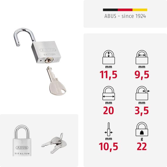 ABUS Vorhängeschloss Titalium 64TI/20 gl.-6205 - gleichschließend - Schlosskörper aus Spezial-Aluminium - gehärteter Stahlbügel - ABUS-Sicherheitslevel 3 - Silber