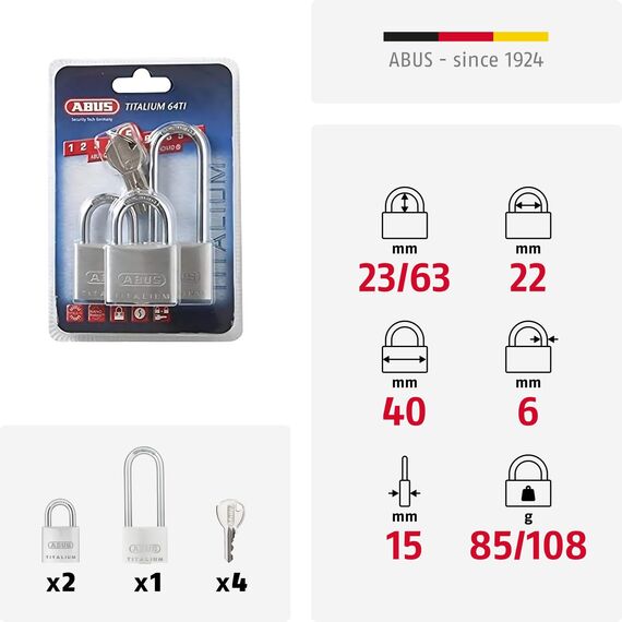 ABUS Vorhängeschloss Titalium 64TI/40 + HB63 - 3er Set, gleichschließend - Kellerschloss mit Schlosskörper aus Spezial-Aluminium - gehärteter Stahlbügel - ABUS-Sicherheitslevel 5