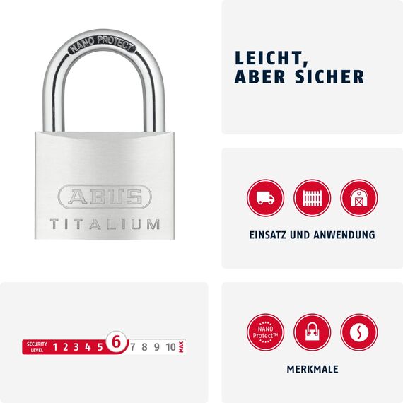 ABUS Vorhängeschloss Titalium 64TI/60 - Kellerschloss mit Schlosskörper aus Spezial-Aluminium - gehärteter Stahlbügel - ABUS-Sicherheitslevel 6