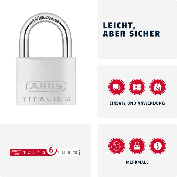 ABUS Vorhängeschloss Titalium 64TI/50 - Kellerschloss mit Schlosskörper aus Spezial-Aluminium - gehärteter Stahlbügel - ABUS-Sicherheitslevel 6