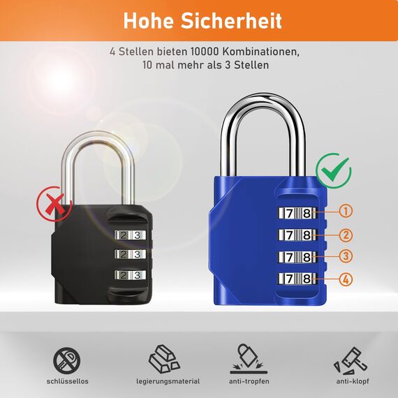 NAGE Vorhängeschloss Zahlenschloss 4 Stellig, Zahlenschloss Spind für Fitnessstudio und Schule, Zahlen Vorhängeschloss Wetterfest für Gartentür, Kellertür, Zäunen, Garagen (1 Stück, Blau)