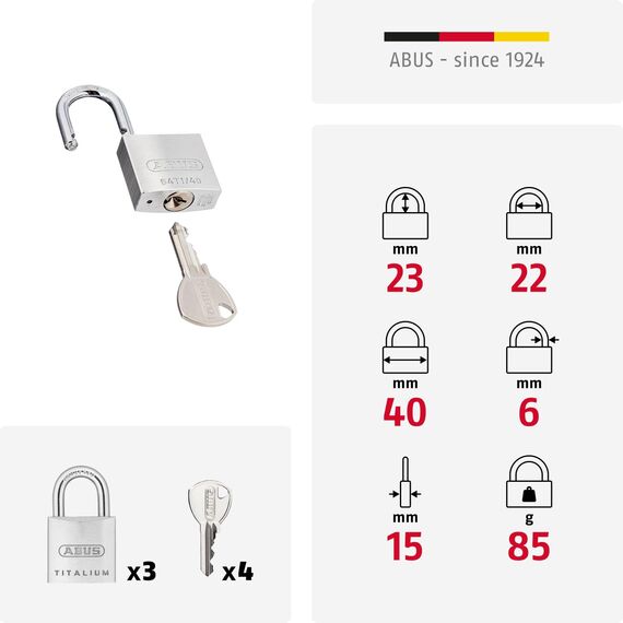 ABUS Vorhängeschloss Titalium 64TI/40 - 3er Set, gleichschließend - Kellerschloss mit Schlosskörper aus Spezial-Aluminium - gehärteter Stahlbügel - ABUS-Sicherheitslevel 5