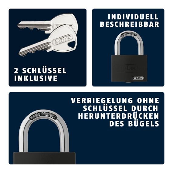 ABUS Vorhängeschloss T65AL/40 myLOCK - individuell beschreibbar - Spindschloss - massiver Aluminium-Schlosskörper - ABUS-Sicherheitslevel 5 - Schwarz