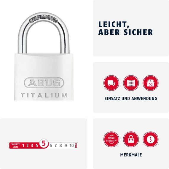 ABUS Vorhängeschloss Titalium 64TI/45 - Kellerschloss mit Schlosskörper aus Spezial-Aluminium - gehärteter Stahlbügel - ABUS-Sicherheitslevel 5