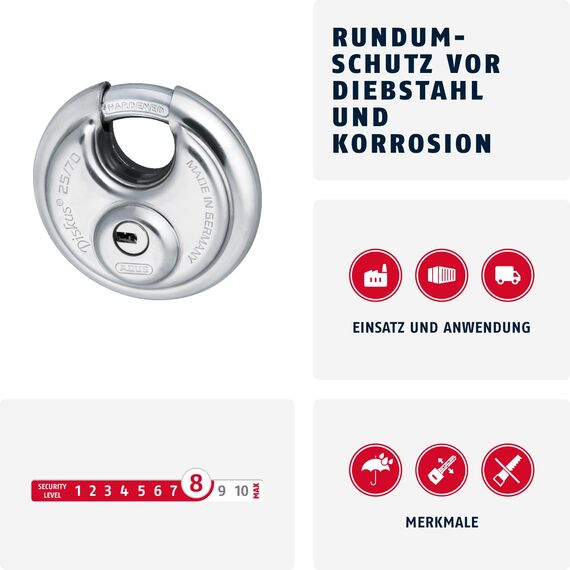 ABUS Diskus Vorhängeschloss 25/70 - wetterfest - inkl. 5 Schlüssel - mit präzisem Wendeschlüssel-System - ABUS-Sicherheitslevel 8 - Silber
