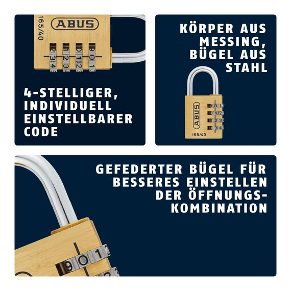 ABUS Zahlenschloss 165/40 - Vorhängeschloss aus Messing - mit individuell einstellbarem Zahlencode - Kofferschloss / Spindschloss - ABUS-Sicherheitslevel 4