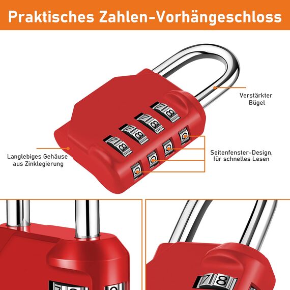 NAGE 4-stelliges Zahlenschloss, Fitnessstudio-Vorhängeschloss, wetterfestes Vorhängeschloss, geeignet für Spinde, Türen, Gartentore, Garagen, Kellertüren, Zäune (1 Stück, rot)