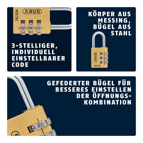 ABUS Zahlenschloss 165/30 - Vorhängeschloss aus Messing - mit individuell einstellbarem Zahlencode - Kofferschloss / Spindschloss - ABUS-Sicherheitslevel 3