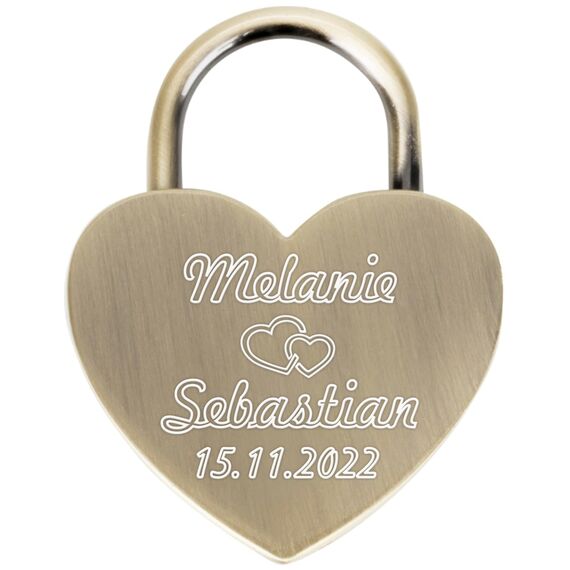 Liebesschloss Herzschloss Vorhängeschloss Graviert mit Wunschtext - Jetzt Liebesschloss selbst gestalten! (Antik Gold)