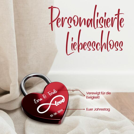 Liebesschloss mit Gravur - Rotes Schloss mit individueller Gravur, witterungsbeständig - Perfektes Liebesgeschenk für Sie und Ihn, ideal für Valentinstag