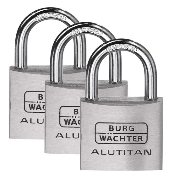 BURG-WÄCHTER 3er-Set Vorhängeschloss mit Schlüssel, Gleichschließend, Vorhangschloss, 6,5 mm Bügelstärke, Innenwerk rostfrei, 4 Schlüssel, Alutitan Trio 770 40 SB