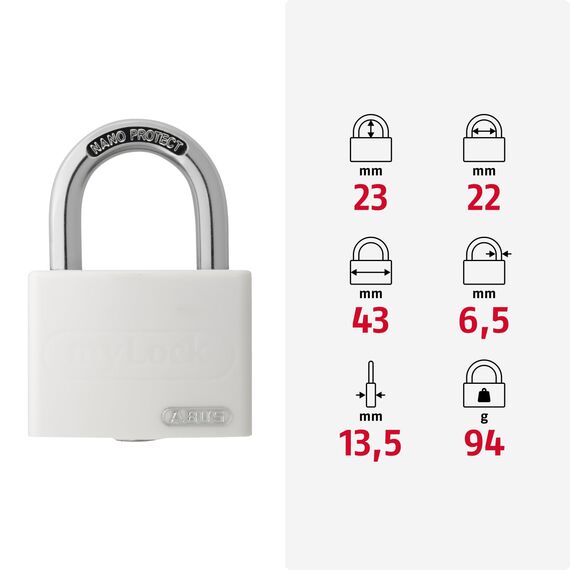 ABUS Vorhängeschloss T65AL/40 myLOCK - individuell beschreibbar - Spindschloss - massiver Aluminium-Schlosskörper - ABUS-Sicherheitslevel 5 - Weiß