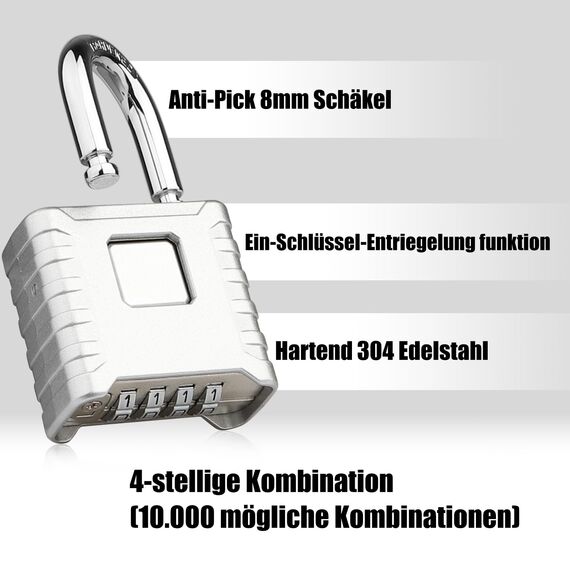 4-Stelliges Schwer Zahlenschloss, Diyife 52MM Heavy Duty Vorhängeschloss mit 8MM Dicker Schäkel, aus 304 Edelstahl, Wasserdicht und Diebstahlsicher für Hof, Zaun, Garagen, Tore - Silber