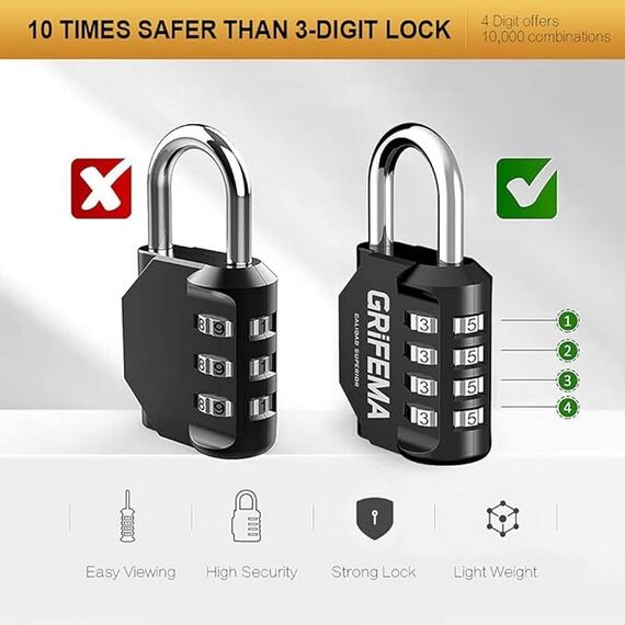 GRIFEMA 2 Pack Zahlenschloss 4 Stellig-Vorhängeschloss Wetterfest Frostsicher,Schloss mit Zahlencode Zinklegierung,Robust,Sicher, für Spind, Schuppen, Schule, Fitnessstudio,(2 Stück)1er Pack