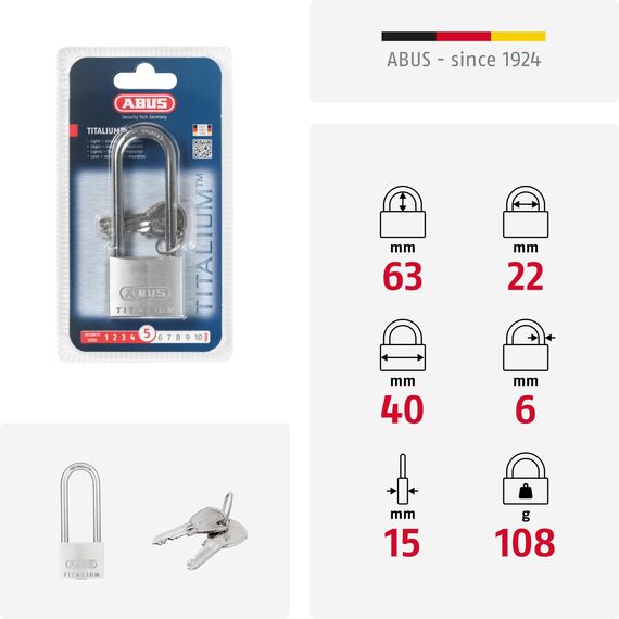 ABUS Vorhängeschloss Titalium 64TI/40HB63 mit hohem Bügel - Kellerschloss mit Schlosskörper aus Spezial-Aluminium - gehärteter Stahlbügel - ABUS-Sicherheitslevel 5