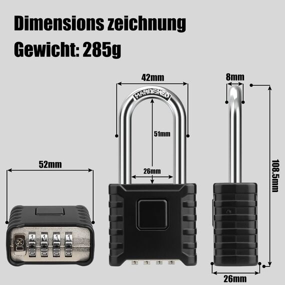 4-Stelliges Zahlenschloss Langer Bügel, Diyife Schwer Vorhängeschloss mit 8MM Dicker, 304 Edelstahl, Ein-Knopf-Entriegelung, Wasserdicht und Diebstahlsicher für Hof, Zaun, Garagen, Tore - Schwarz