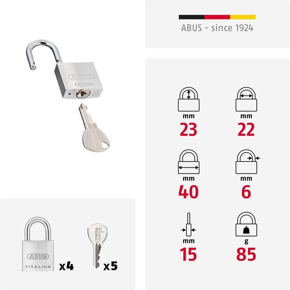 ABUS Vorhängeschloss Titalium 64TI/40 - 4er Set, gleichschließend - Kellerschloss mit Schlosskörper aus Spezial-Aluminium - gehärteter Stahlbügel - ABUS-Sicherheitslevel 5