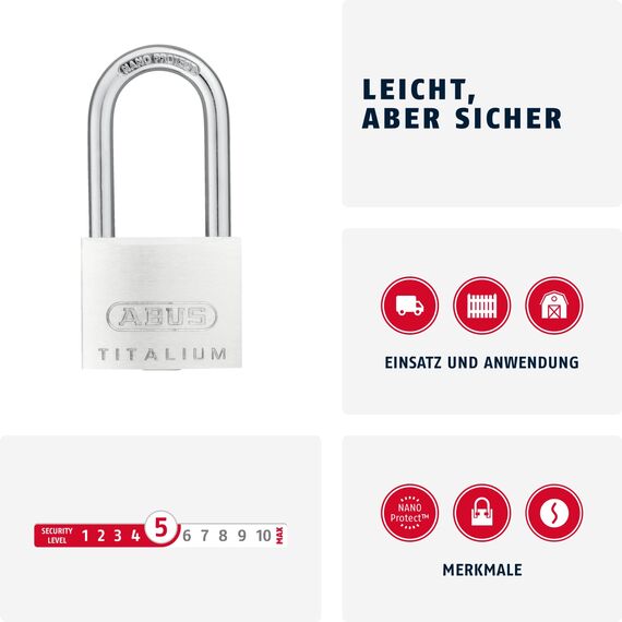 ABUS Vorhängeschloss Titalium 64TI/40HB40 gl.-6412 - gleichschließend und mit hohem Bügel - Kellerschloss mit Schlosskörper aus Spezial-Aluminium - ABUS-Sicherheitslevel 5