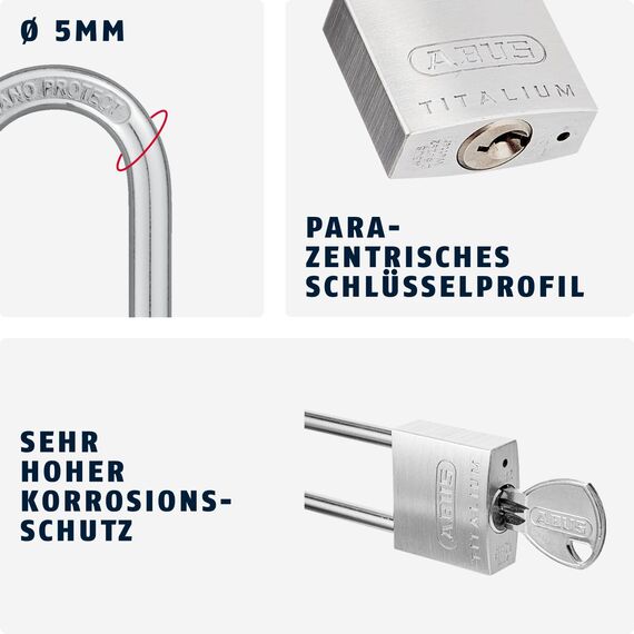 ABUS Vorhängeschloss Titalium 64TI/30HB60 - mit hohem Bügel - Kellerschloss mit Schlosskörper aus Spezial-Aluminium - gehärteter Stahlbügel - ABUS-Sicherheitslevel 4