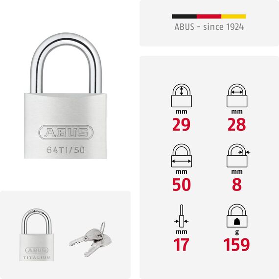 ABUS Vorhängeschloss Titalium 64TI/50 gl.-6512 - gleichschließend - Kellerschloss mit Schlosskörper aus Spezial-Aluminium - gehärteter Stahlbügel - ABUS-Sicherheitslevel 6