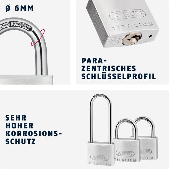 ABUS Vorhängeschloss Titalium 64TI/40 + HB63 - 3er Set, gleichschließend - Kellerschloss mit Schlosskörper aus Spezial-Aluminium - gehärteter Stahlbügel - ABUS-Sicherheitslevel 5