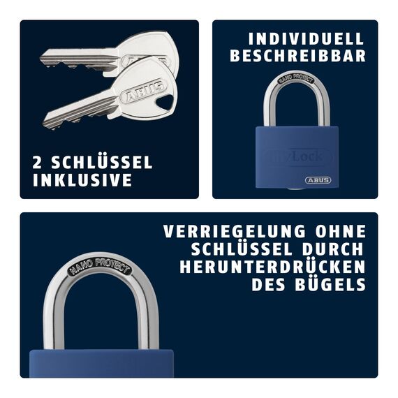 ABUS Vorhängeschloss T65AL/40 myLOCK - individuell beschreibbar - Spindschloss - massiver Aluminium-Schlosskörper - ABUS-Sicherheitslevel 5 - Blau