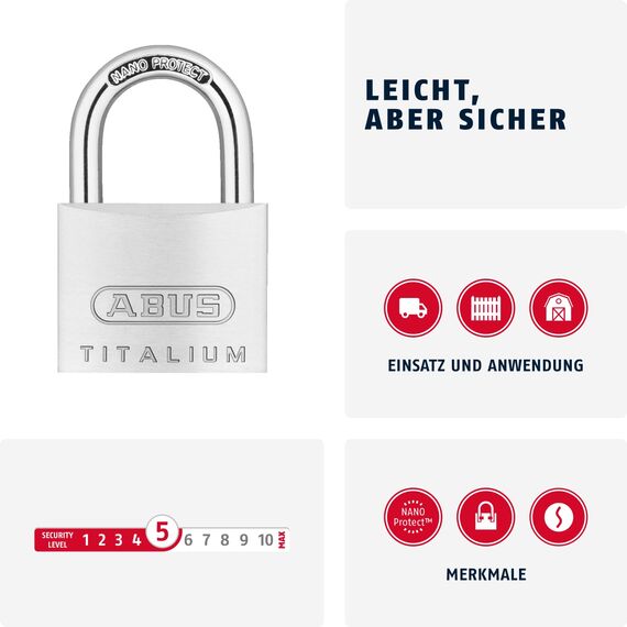 ABUS Vorhängeschloss Titalium 64TI/40 gl.-6413 - gleichschließend - Kellerschloss mit Schlosskörper aus Spezial-Aluminium - gehärteter Stahlbügel - ABUS-Sicherheitslevel 5