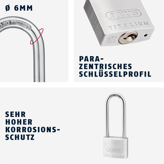 ABUS Vorhängeschloss Titalium 64TI/40HB63 mit hohem Bügel - Kellerschloss mit Schlosskörper aus Spezial-Aluminium - gehärteter Stahlbügel - ABUS-Sicherheitslevel 5