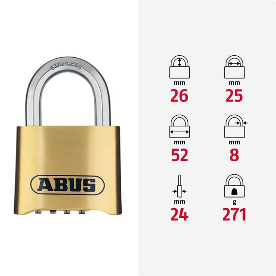 ABUS Zahlenschloss 180IB/50 - Vorhängeschloss aus Messing - wetterfest - mit individuell einstellbarem Zahlencode - ABUS-Sicherheitslevel 5 - Messingfarben