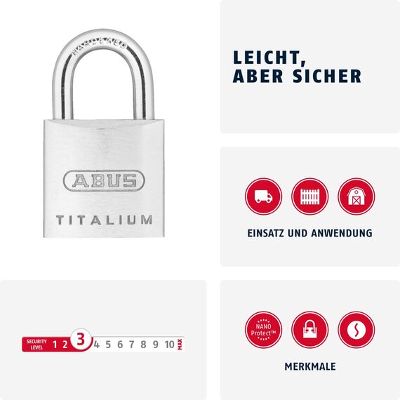 ABUS Vorhängeschloss Titalium 64TI/25 gl.-6256 - gleichschließend - Schlosskörper aus Spezial-Aluminium - gehärteter Stahlbügel - ABUS-Sicherheitslevel 3 - Silber